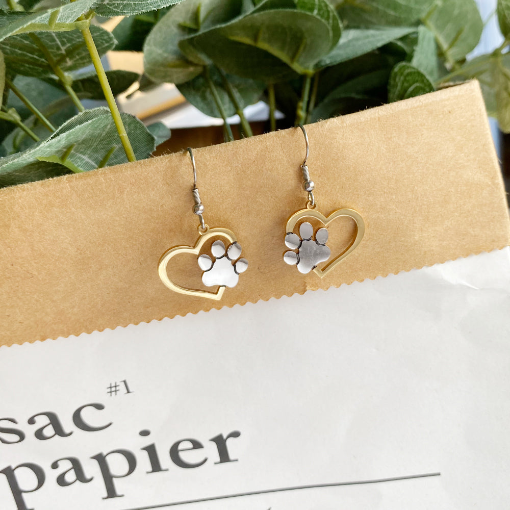 Golden Paw Heart Dangles Earrings